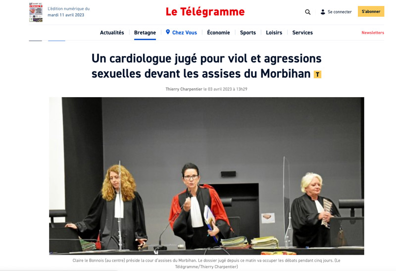 Télégramme du 3 avril 2023, article de Thierry Charpentier : Un cardiologue jugé pour viol et agressions sexuelles devant les assises du Morbihan